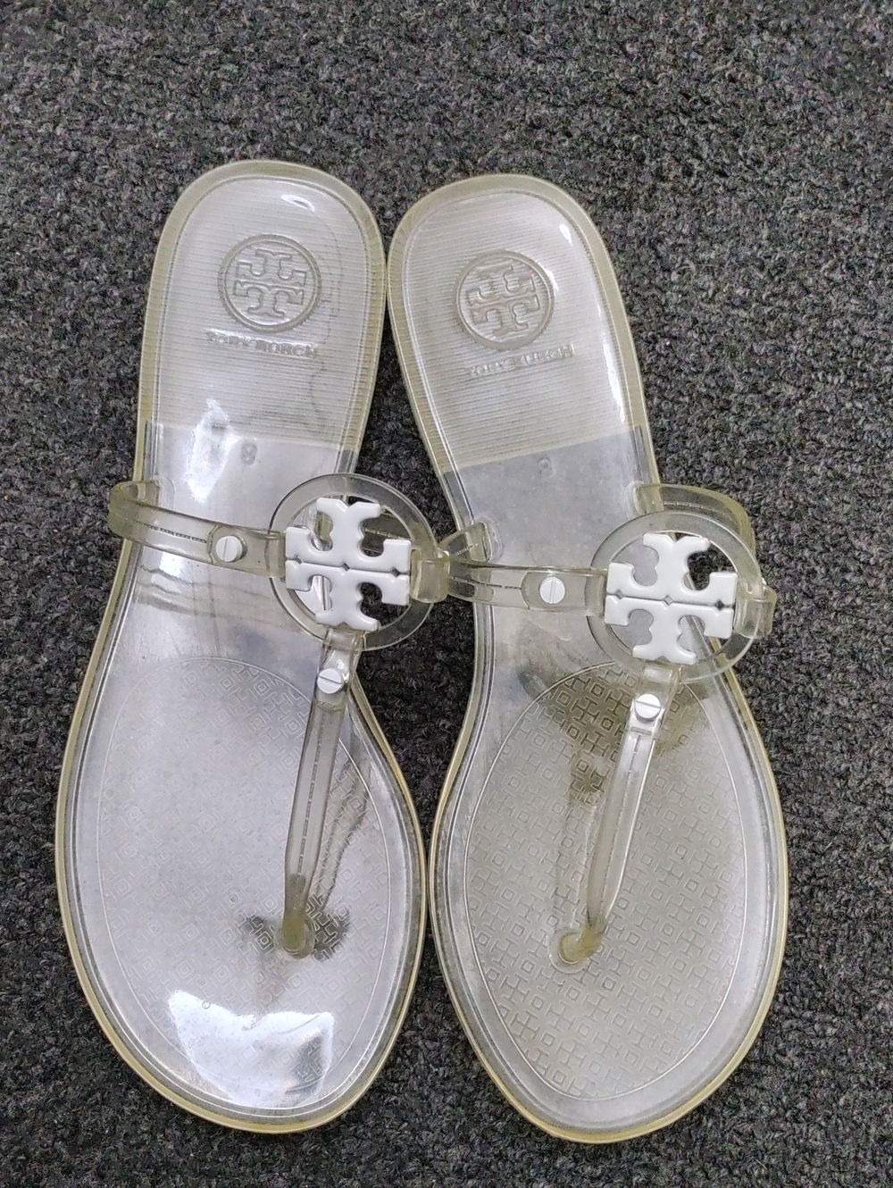 Tory Burch Clear Jelly Sandals with White Logo Medallion
